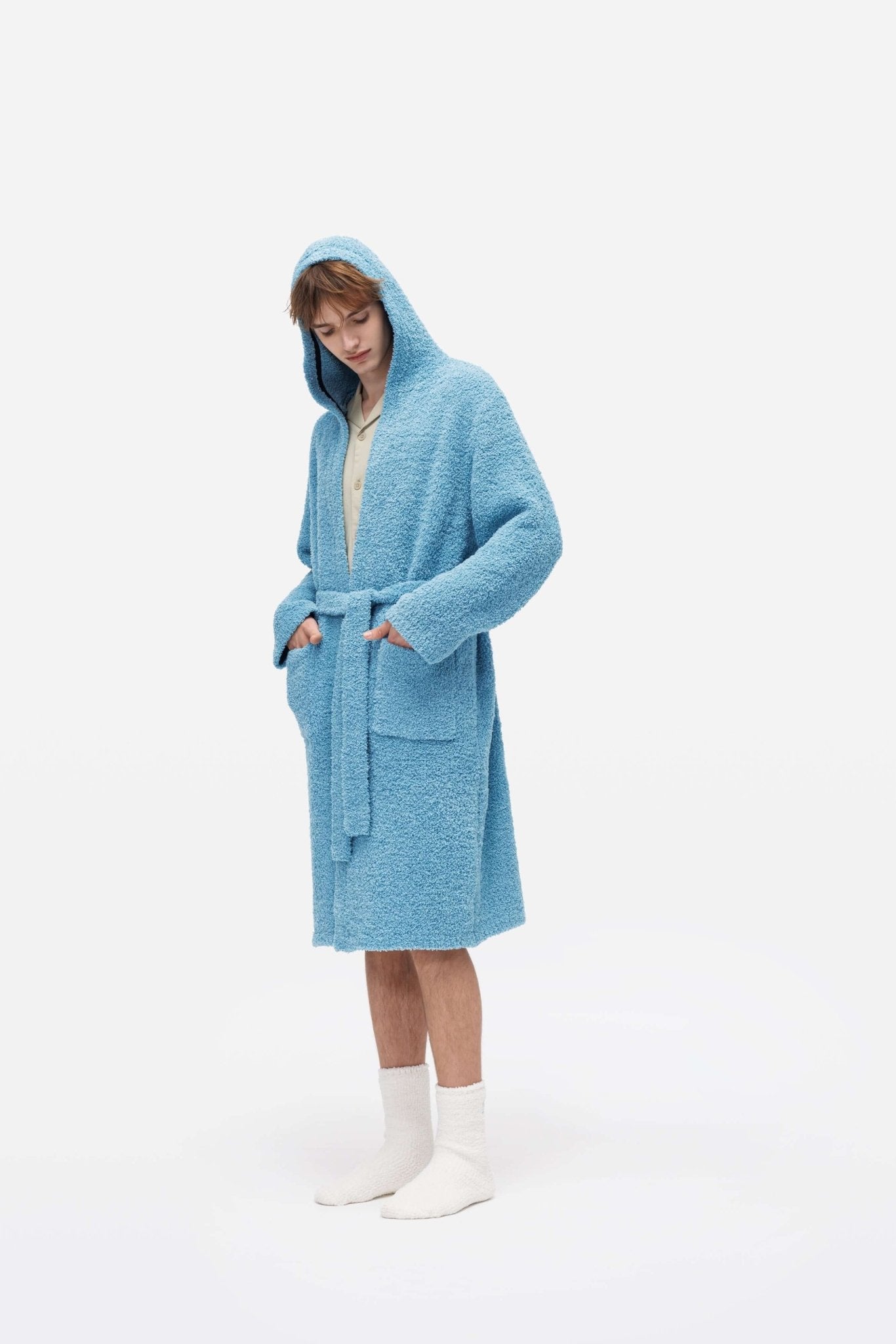 Aqua Blue Hooded Plush Bathrobe - Robe - Touchofgod.co