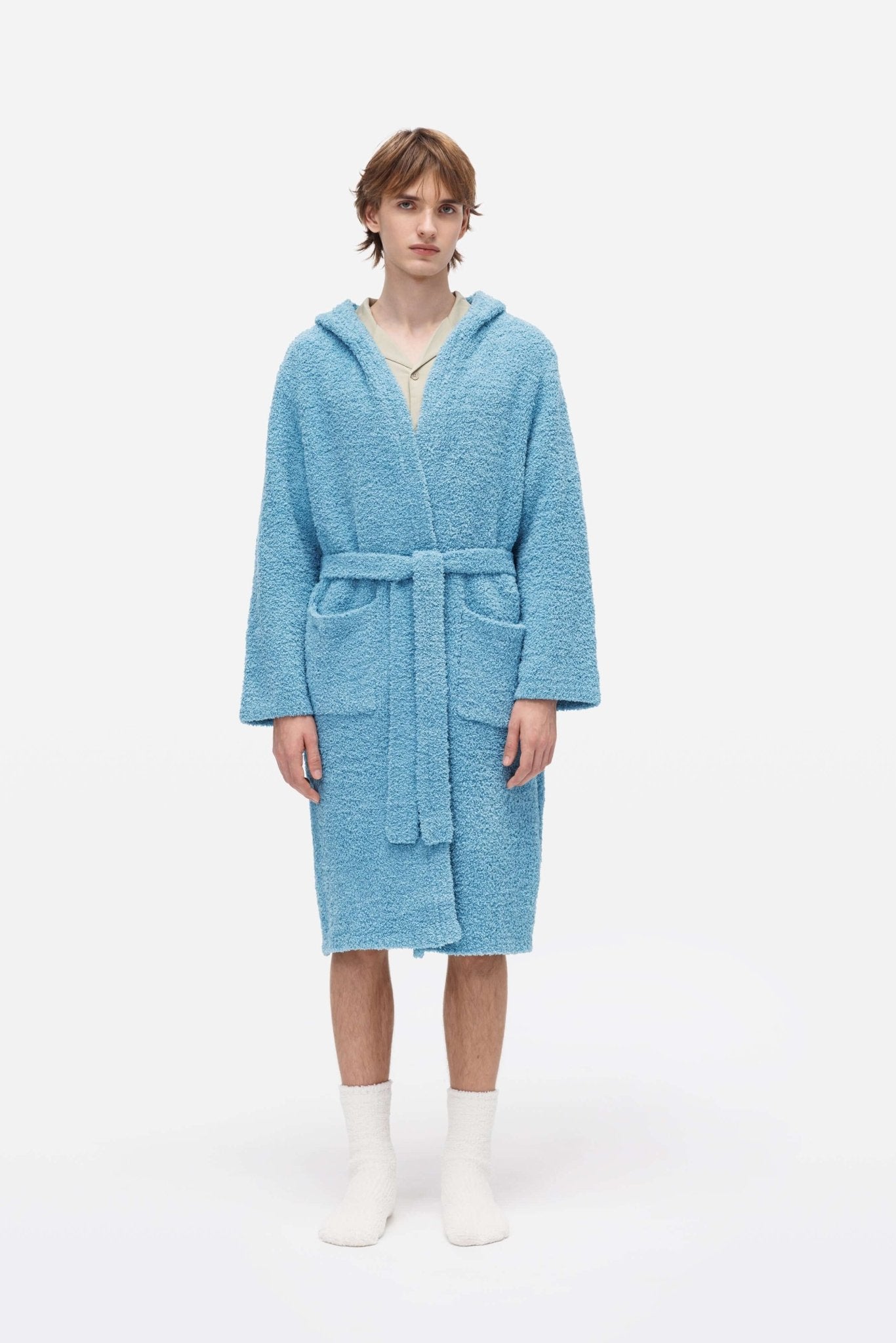 Aqua Blue Hooded Plush Bathrobe - Robe - Touchofgod.co